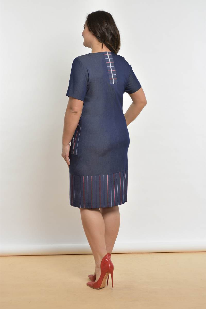 Платье Lady Style Classic 1482 синий_джинс+красная_полоска