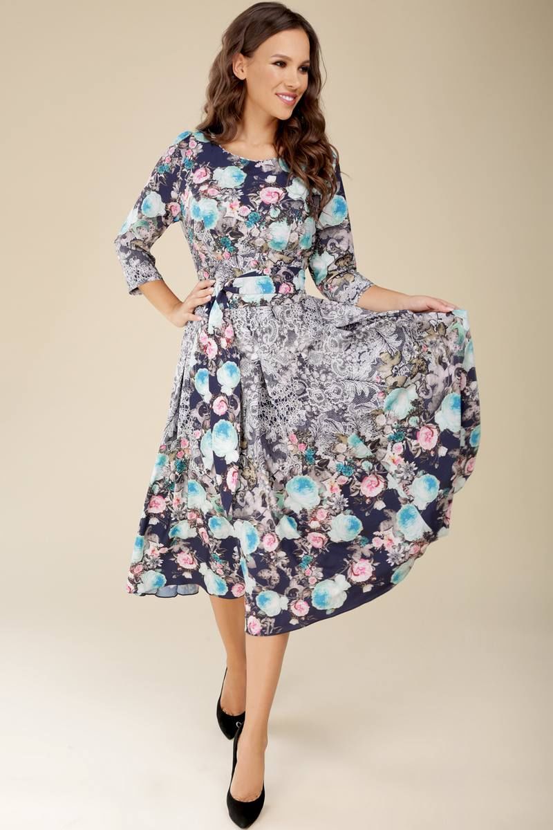Платье с поясом Teffi Style L-1217 бирюзовые_цветы
