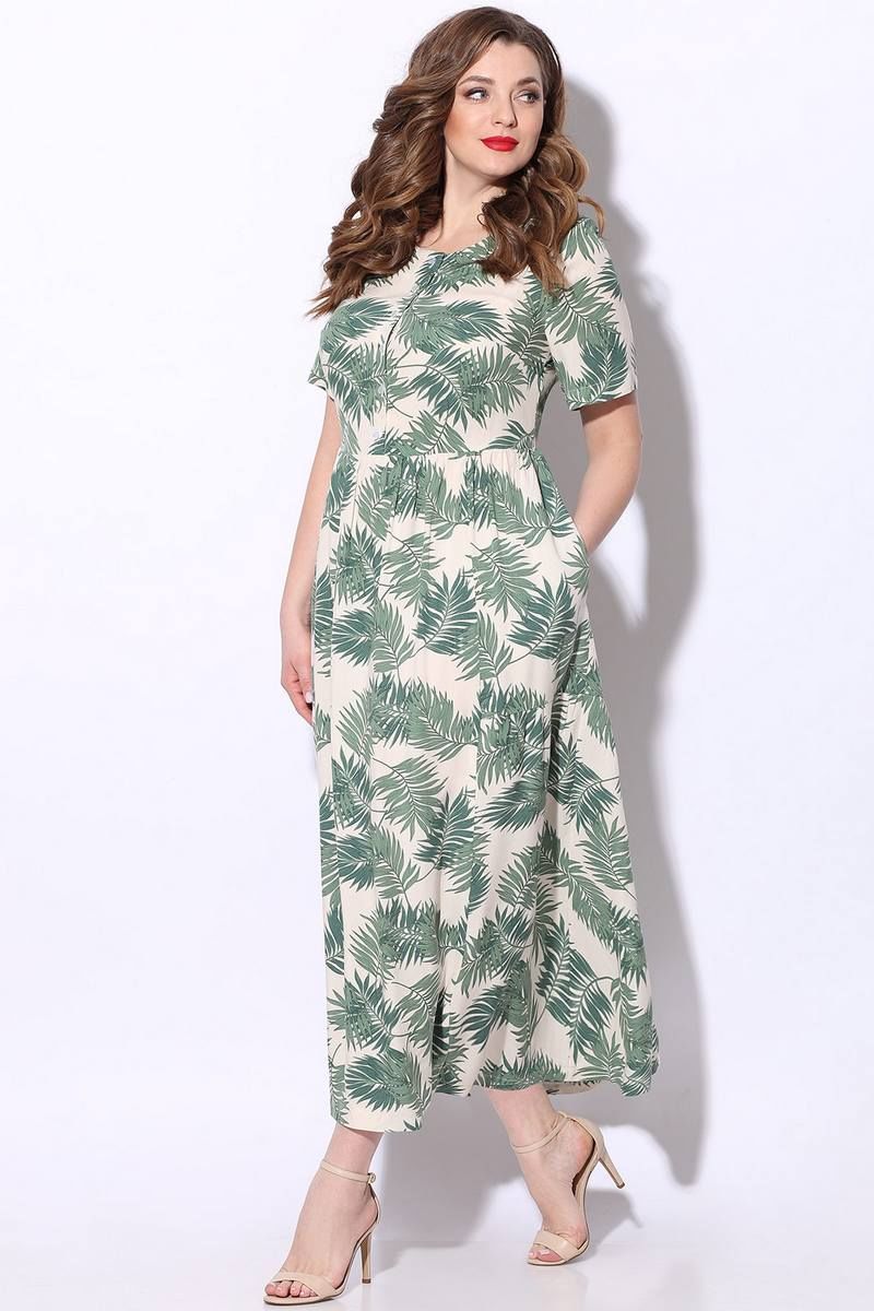 Платье LeNata 12025 зеленые-листья-на-бежевом
