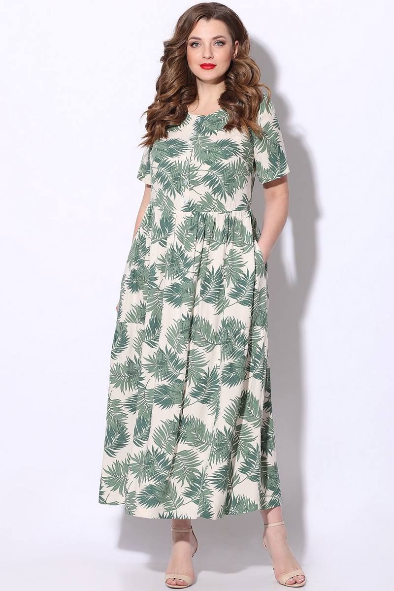 Платье LeNata 12025 зеленые-листья-на-бежевом