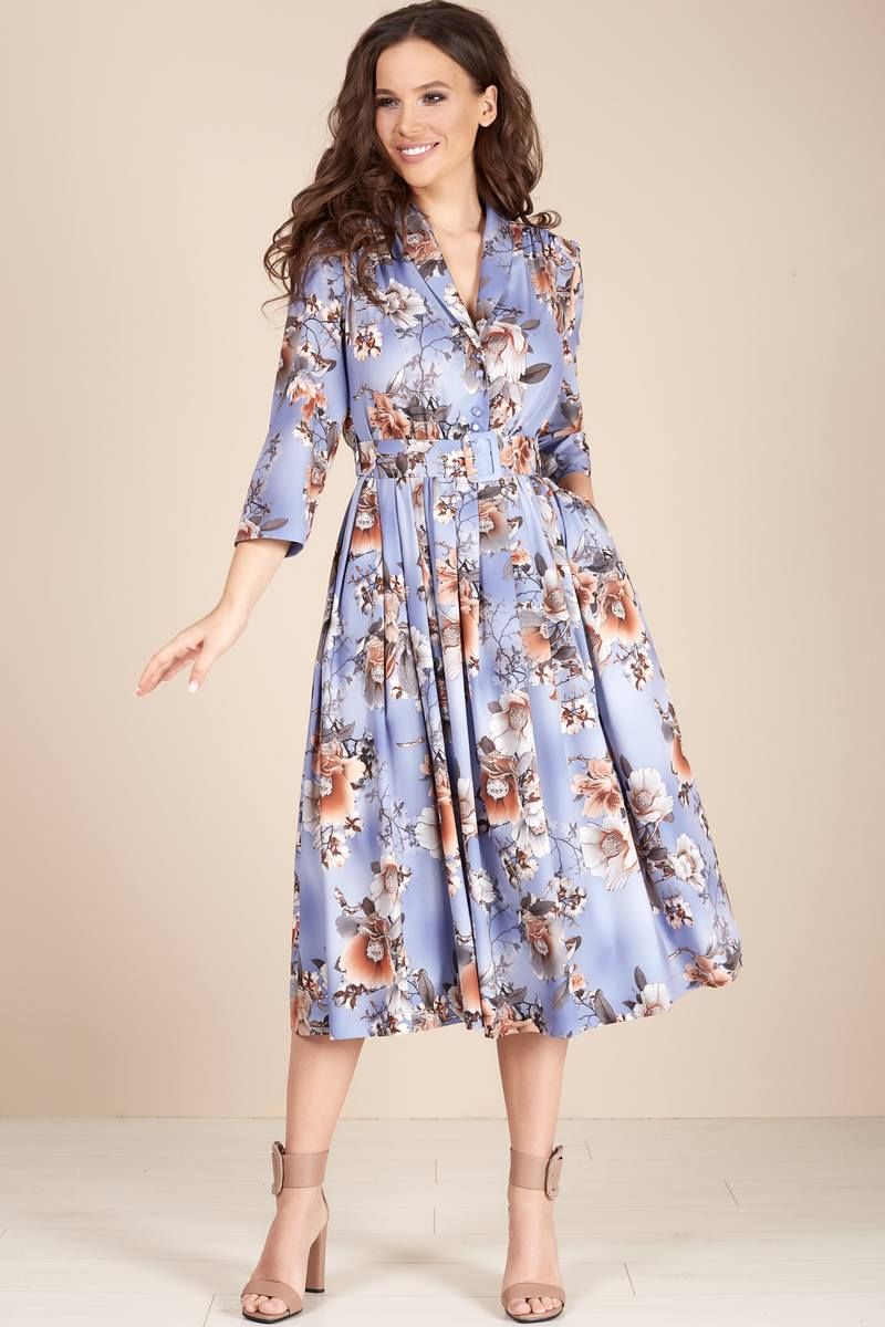 Платье с поясом Teffi Style L-1425 цветы_на_голубом