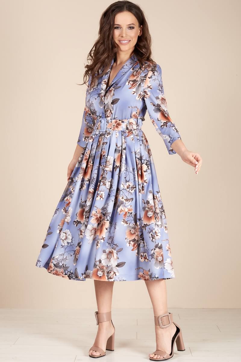 Платье с поясом Teffi Style L-1425 цветы_на_голубом