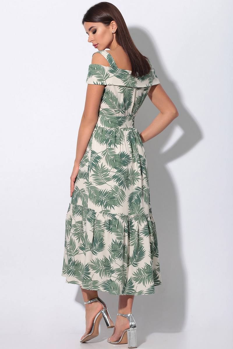 Платье с поясом LeNata 11115 зеленые-листья-на-бежевом