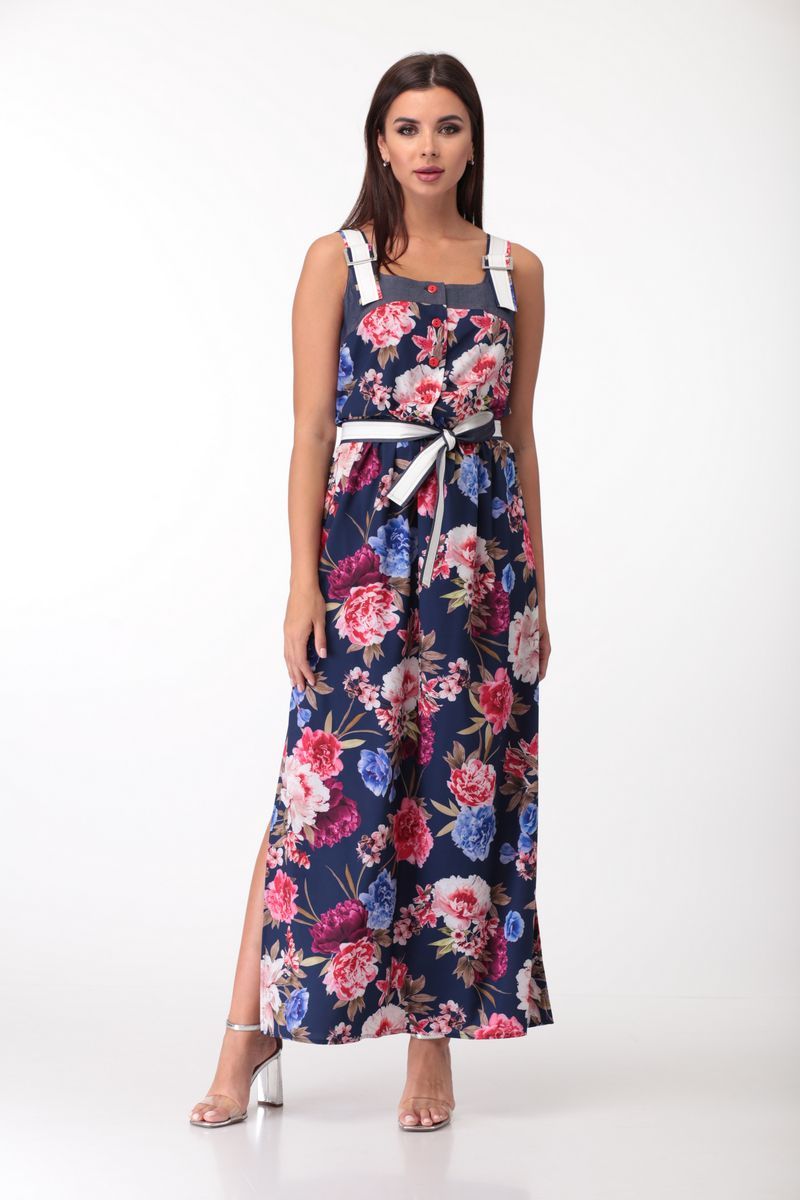 Платье ANASTASIA MAK 710 синий+цветы