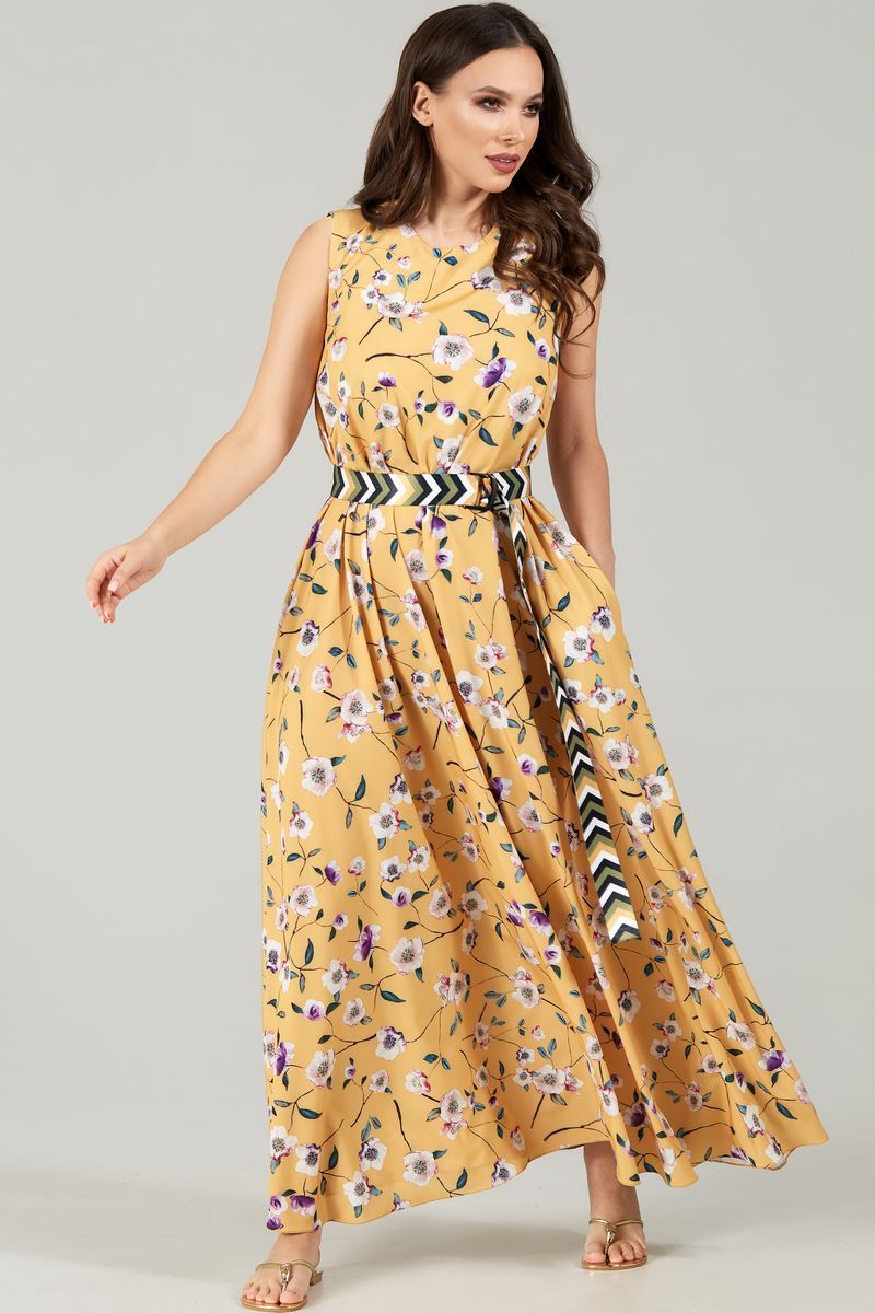 Платье с поясом Teffi Style L-1484 маки_на_горчице