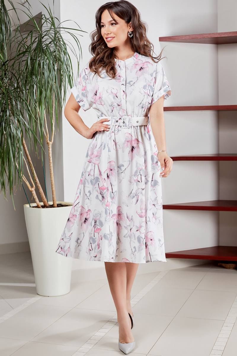 Платье Teffi Style L-1550 розовые_лилии_на_молочном
