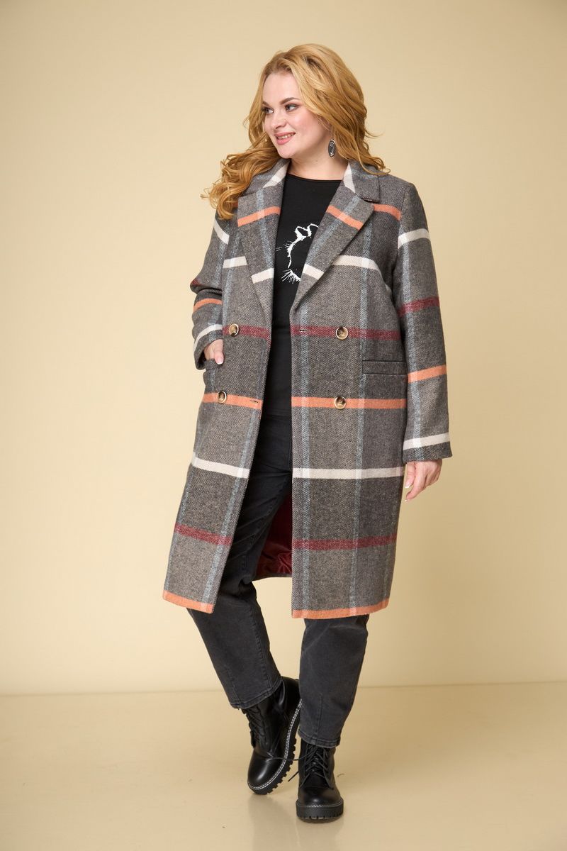 Женское пальто БелЭльСтиль 855-1 26 22 клетка+коричневый