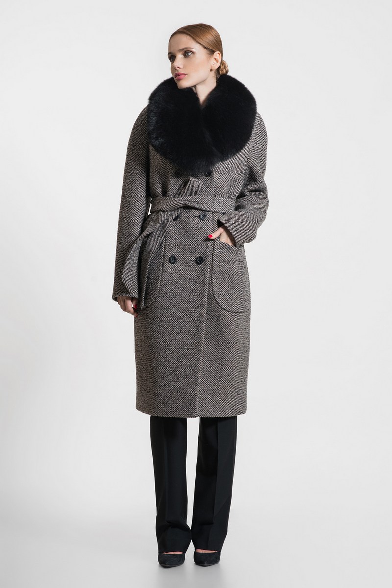 Женское пальто Gotti 153-4м бежево-коричнево-чёрный"рубчик"