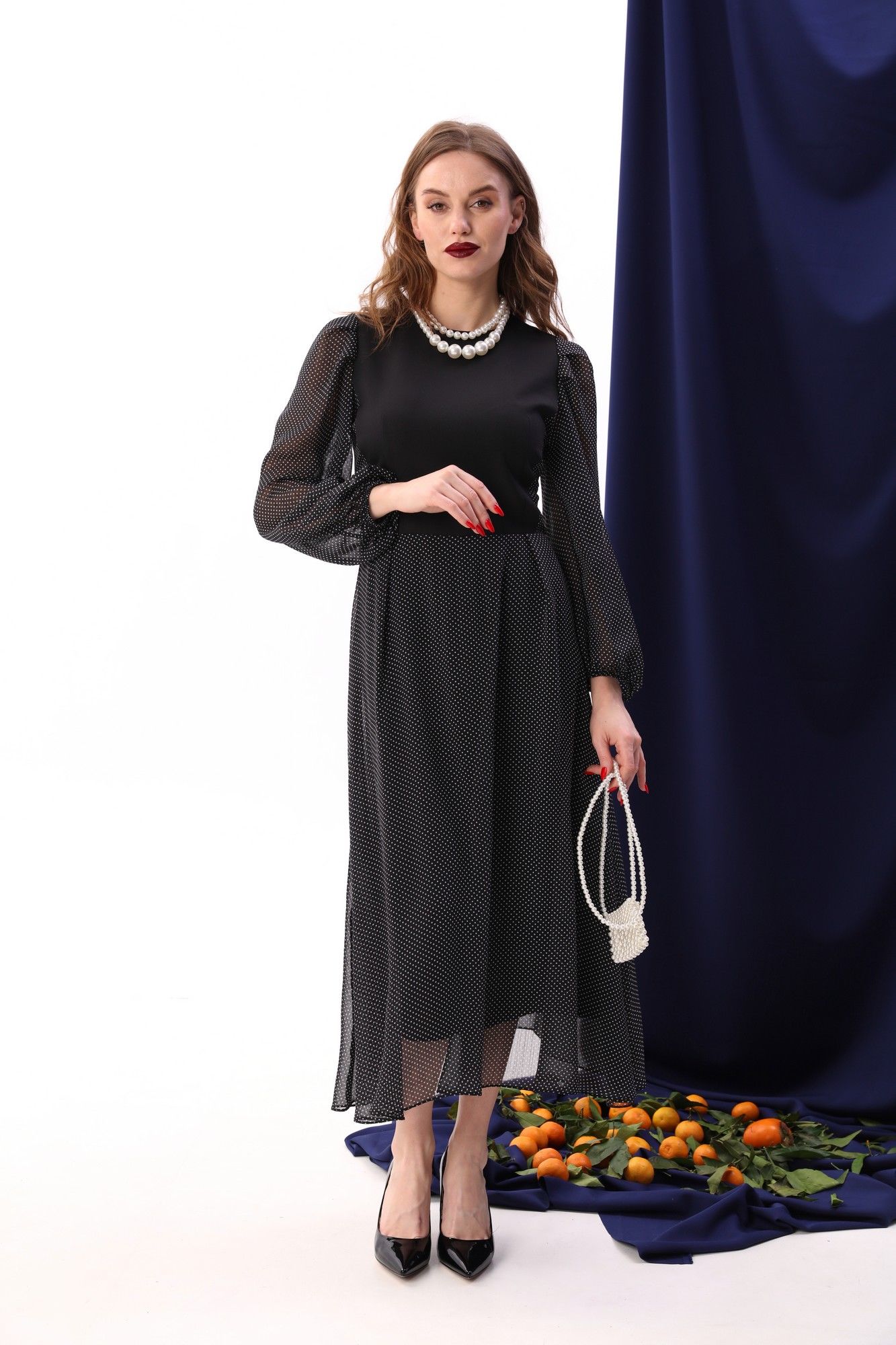 Платья NikVa 416-7 чёрный+белый горошек