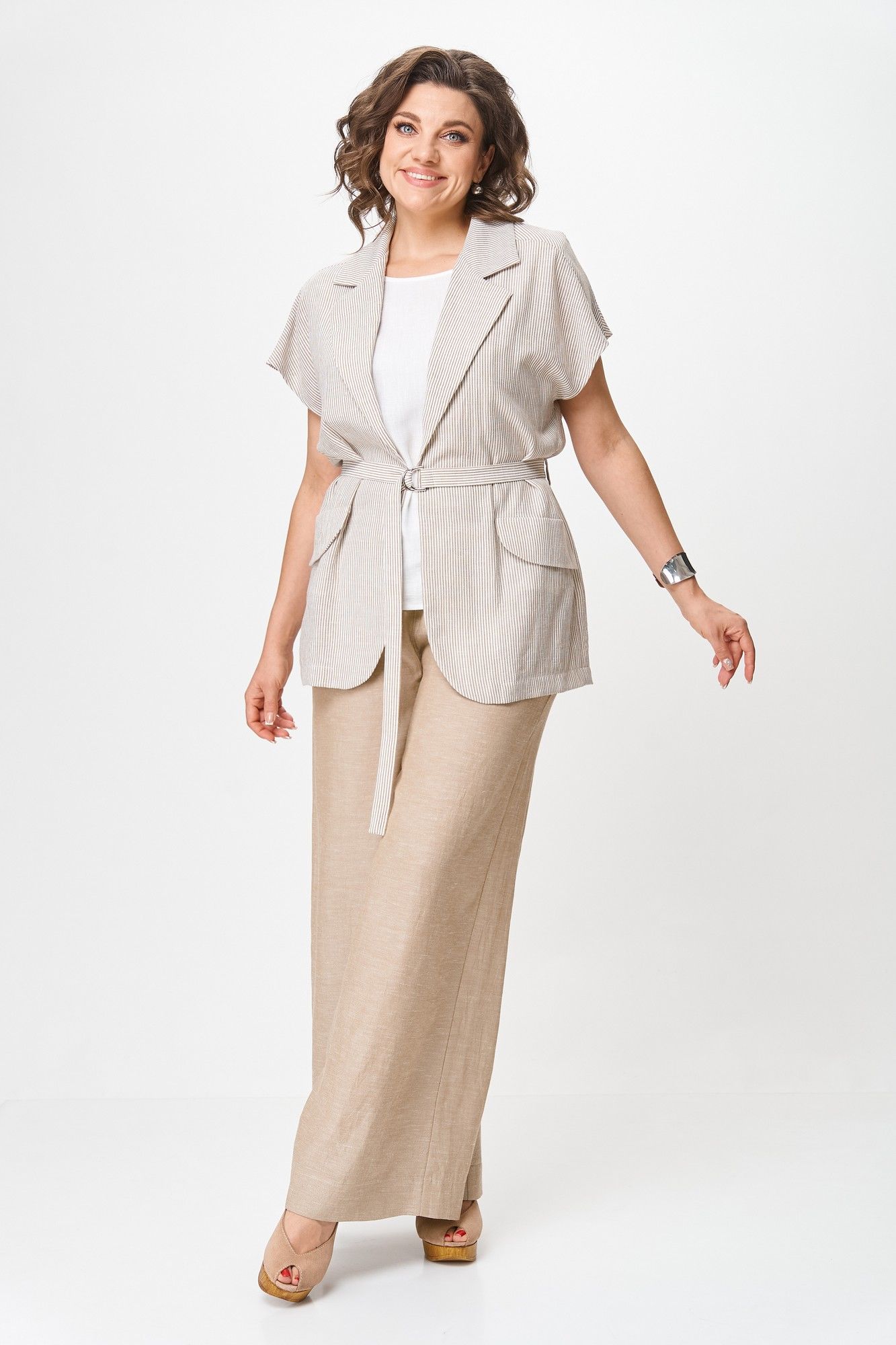 Комплекты брючные Michel chic 1429 бежевый-белый_полоска_узкакая