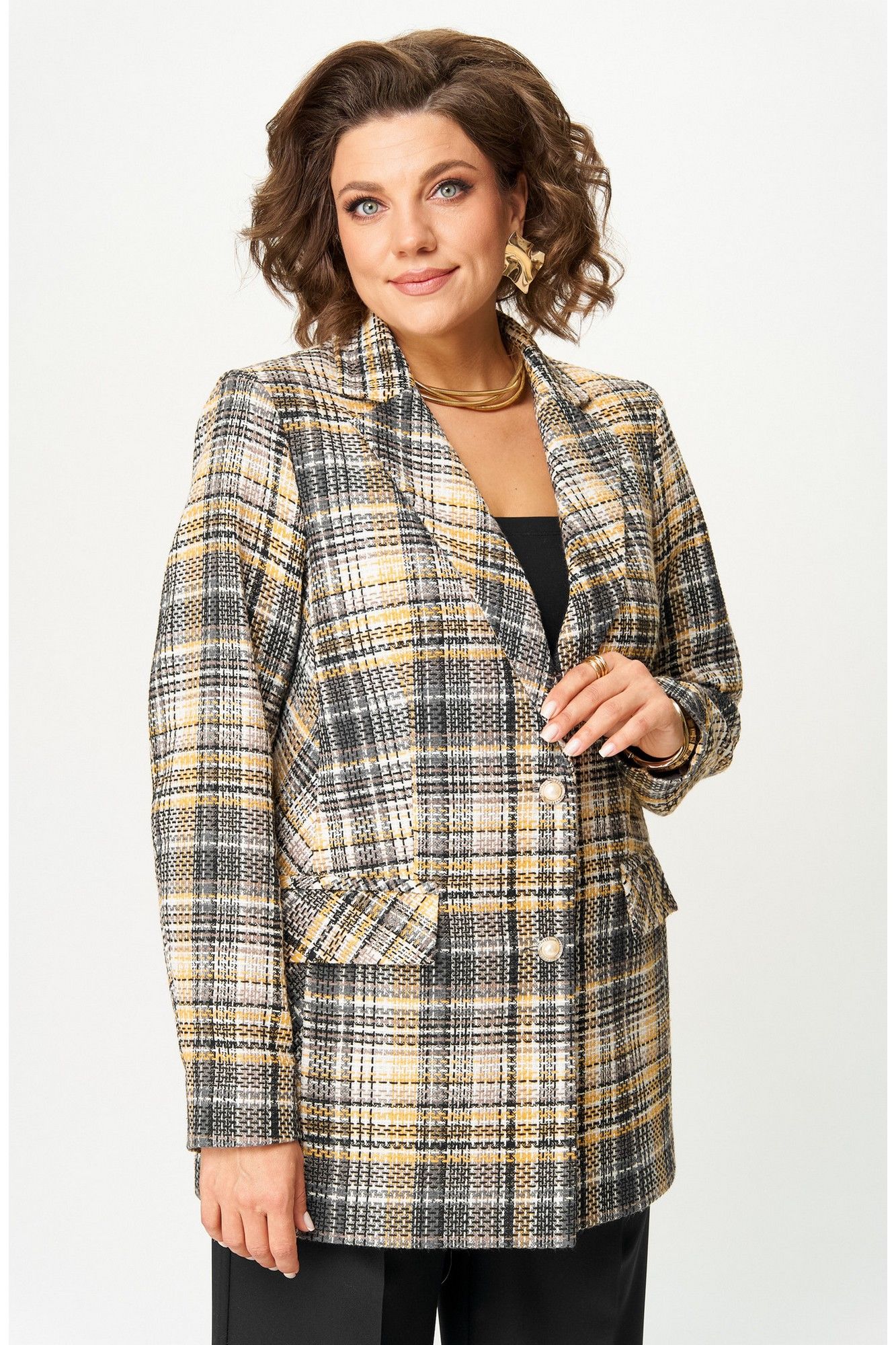 Жакеты БелЭльСтиль 762-3_24_22 серо-желтый твид