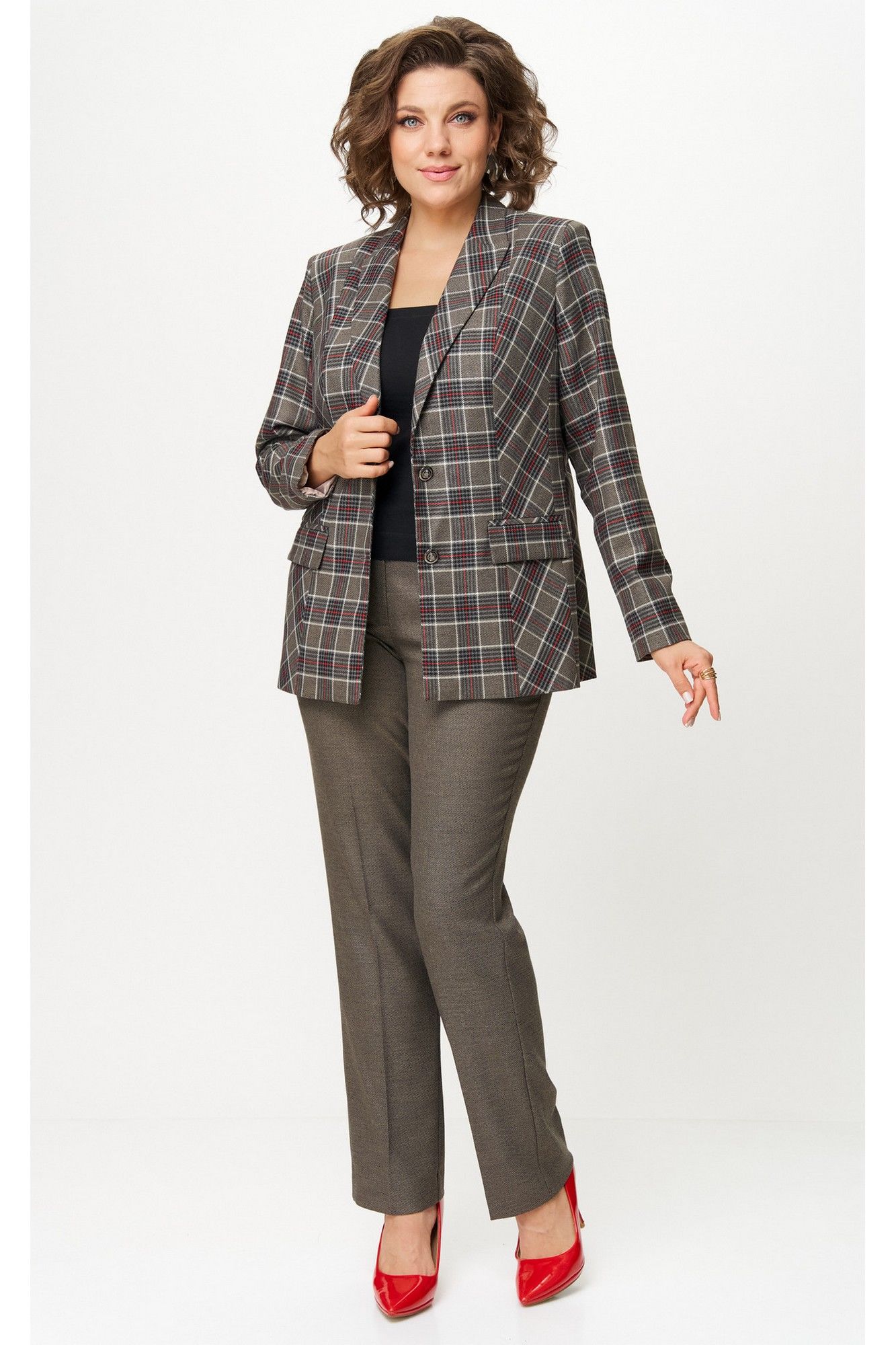 Брючные костюмы БелЭльСтиль 412-3_14_22+609-3_23_22 клетка красно-коричневая